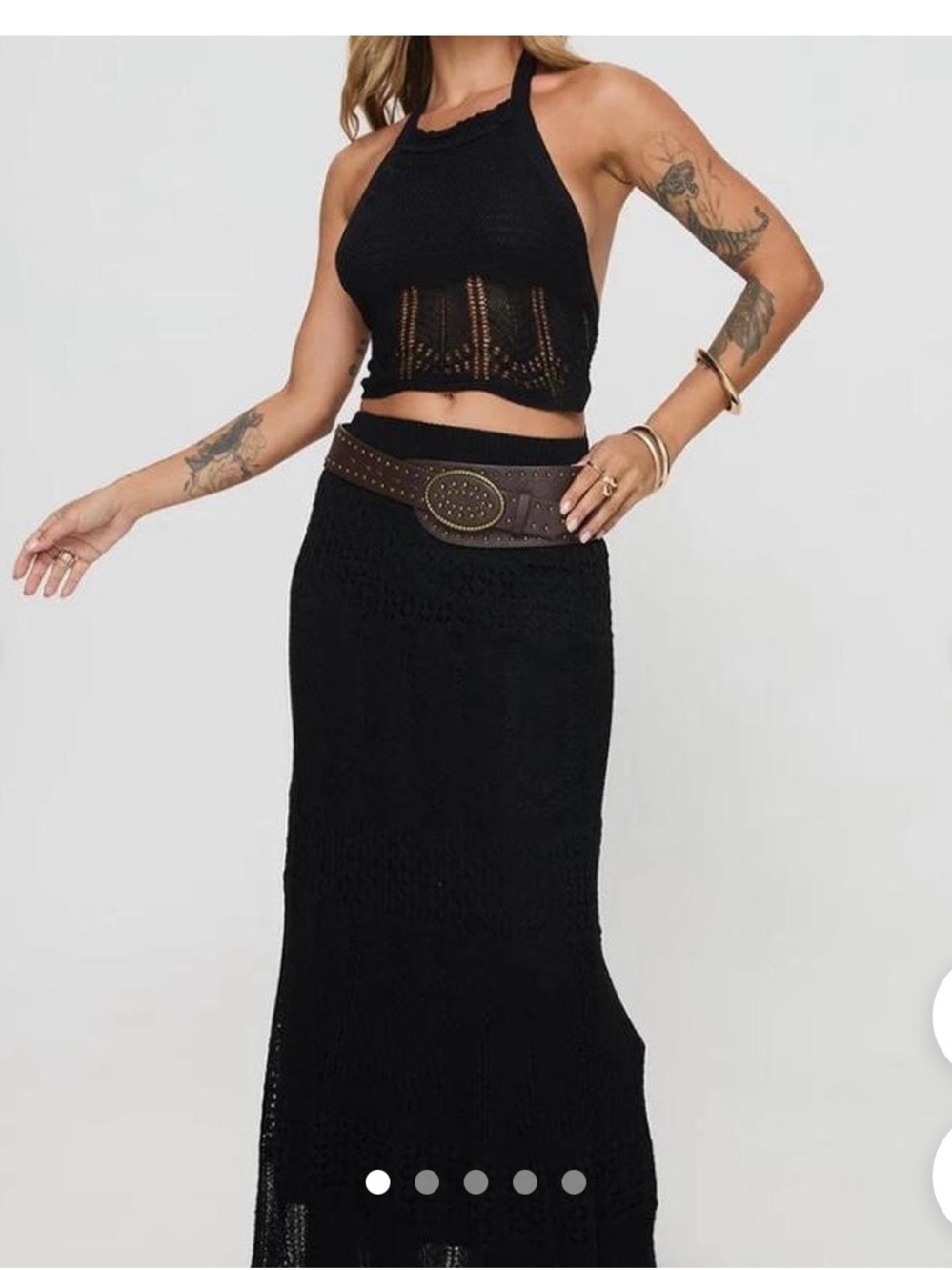 Princess Polly Black Crochet Maxi Skirt with Brown Studded Belt